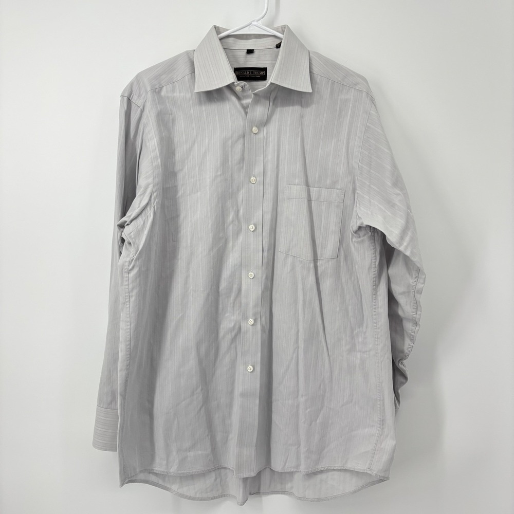 Donald J. Trump Dress Shirt 16 34/35 Gray Tone on Tone Striped Pocket Cotton‎